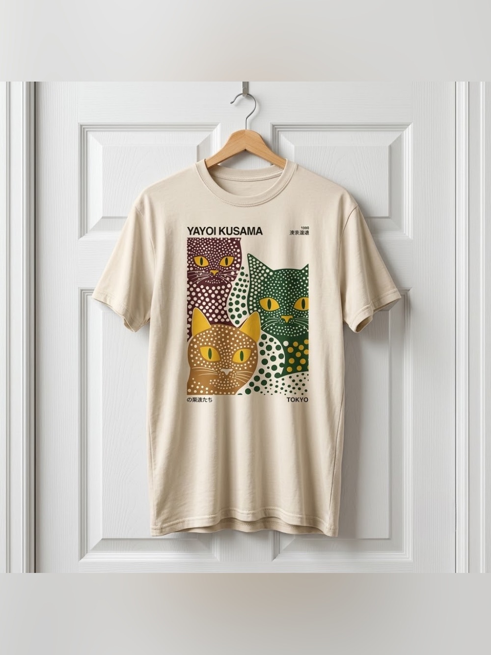 Yayoi Kusama Inspired T-Shirt, Polka Dot Cats Minimal Art Poster Style Japanese